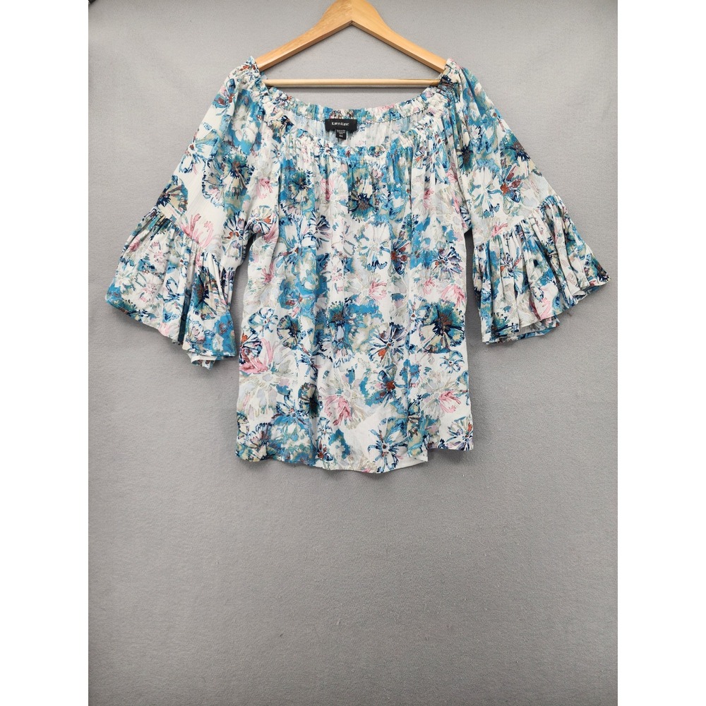 Karen Kane Floral Off Shoulder Bell Sleeve Blouse Plus Size 0X Blue Pink Rayon